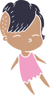 Düz renkli çizgi film çizen kız bir insan tarafından çizilmiş.