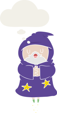 bir insan tarafından çizilmiş düşünce baloncuğu ile yüzen çizgi film sihirbazı