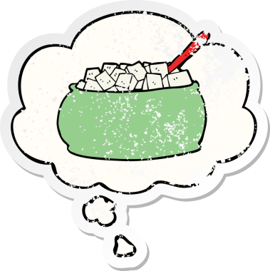 Düşünce baloncuğu olan çizgi film şeker kasesi insan tarafından çizilmiş yıpranmış bir çıkartma gibi.