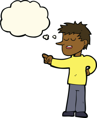 Bir insan tarafından çizilen düşünce baloncuğuyla işaret eden çizgi film adamı.