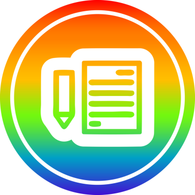 belge ve kalem dairesel simgesi gökkuşağı gradyanı bir insan tarafından çizilmiş
