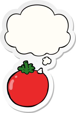 Düşünce baloncuklu çizgi film domatesi insan tarafından çizilmiş bir çıkartma.