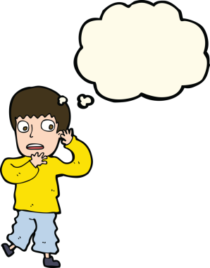 Bir insan tarafından çizilmiş düşünce baloncuğu olan korkmuş bir çocuk.