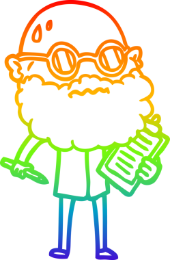 Gökkuşağı gradyan çizgi çizimi sakallı ve güneş gözlüklü endişeli bir adamın bir insan tarafından çizildiğini gösteriyor.