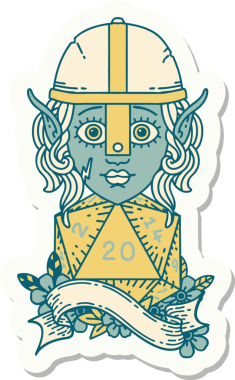 Bir insan tarafından çizilmiş doğal yirmi zarlı bir elf savaşçı karakterinin çıkartması.