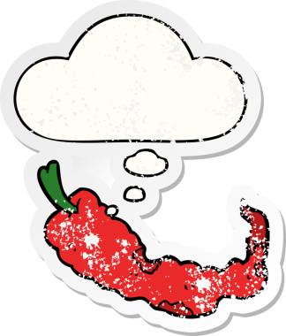 Düşünce baloncuklu kırmızı biber çizgi filmi bir insan tarafından çizilmiş yıpranmış bir çıkartma.