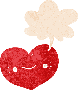 yürek çizgi film karakteri konuşma baloncuğu ile grunge sıkıntılı retro dokuma tarzı bir insan tarafından çizilmiş