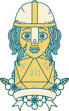 Retro Dövme Tarzı Yarı Ork Dövüşçüsü Bir insan tarafından çizilmiş doğal yirmi zar atışıyla