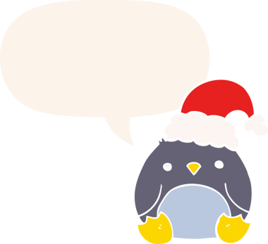Bir insan tarafından çizilmiş eski tarz konuşma baloncuğu olan Noel şapkası takan sevimli penguen çizgi filmi.