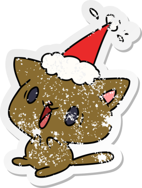 Bir insan tarafından çizilmiş kawaii kedisinin sıkıntılı yılbaşı çıkartması.