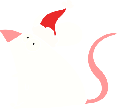 Bir insan tarafından çizilmiş Noel Baba şapkası giymiş korkmuş bir farenin düz renkli çizimi.
