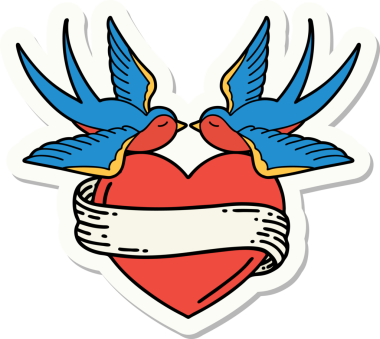 Geleneksel kırlangıç stili dövme çıkartması ve bir insan tarafından çizilmiş sancaklı bir kalp.