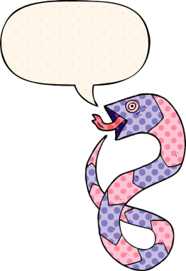 Bir insan tarafından çizilmiş çizgi roman tarzında konuşma balonlu tıslayan çizgi film yılanı.