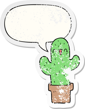Konuşma baloncuğu olan çizgi film kaktüsü bir insan tarafından çizilmiş sıkıntılı eski bir çıkartma.