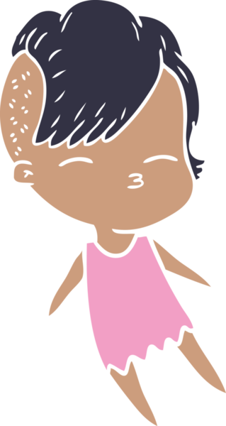 Düz renkli çizgi film çizen kız bir insan tarafından çizilmiş.