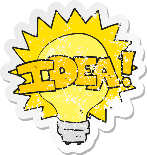 Bir insan tarafından çizilmiş karikatür fikri ampul sembolünün gerilemiş retro yapıştırması.