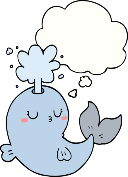 Bir insan tarafından çizilmiş düşünce baloncuğuyla su püskürten çizgi film balinası.