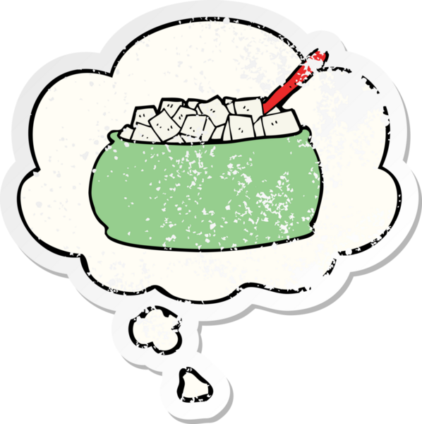 Düşünce baloncuğu olan çizgi film şeker kasesi insan tarafından çizilmiş yıpranmış bir çıkartma gibi.