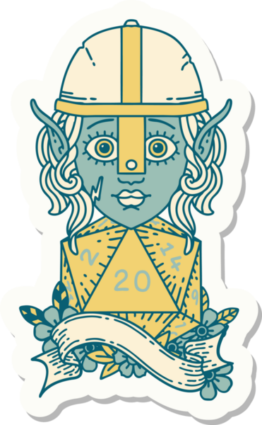 Bir insan tarafından çizilmiş doğal yirmi zarlı bir elf savaşçı karakterinin çıkartması.