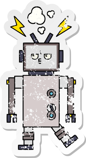 Bir insan tarafından çizilmiş sevimli bir robot çizgi film çıkartması.