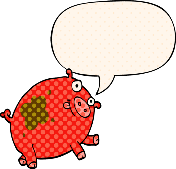 Bir insan tarafından çizilmiş çizgi roman tarzında konuşma balonlu bir domuz.