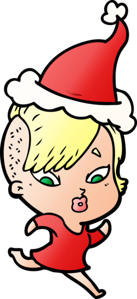 Bir insan tarafından çizilmiş Noel Baba şapkası giymiş şaşırmış bir kızın el çizimi karikatürü.