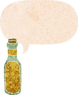 grunge 'da konuşma baloncuğu olan karikatür iksiri şişesi bir insan tarafından çizilmiş dertli retro stil