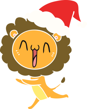 Bir insan tarafından çizilmiş Noel Baba şapkası takan bir aslanın düz renk çizimi.