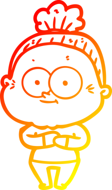 Bir insan tarafından çizilmiş mutlu, yaşlı bir kadının sıcak çizgi çizimi.