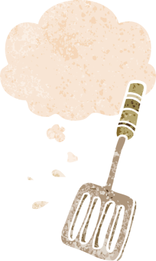 çizgi film mutfak spatulası ile grunge içinde düşünce balonu sıkıntılı retro dokuma tarzı bir insan tarafından çizilmiş