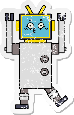 Bir insan tarafından çizilmiş sevimli bir robot çizgi film çıkartması.