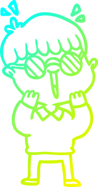 Bir insan tarafından çizilmiş gözlük takan mutlu bir çizgi film karakteri.