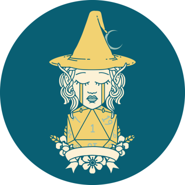 Retro Dövme Tarzı Ağlayan Elf Büyücüsü Karakteri Bir insan tarafından çizilmiş doğal bir zar ile