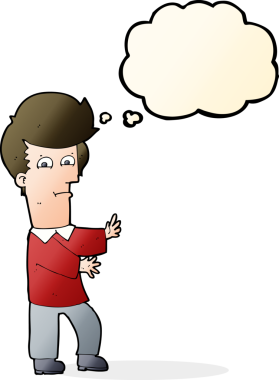 Bir insan tarafından çizilmiş düşünce baloncuğuyla el kol hareketi yapan bir çizgi film adamı.