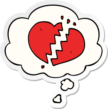 İnsan tarafından çizilmiş bir çıkartma gibi düşünce baloncuğuyla kırık bir kalp.