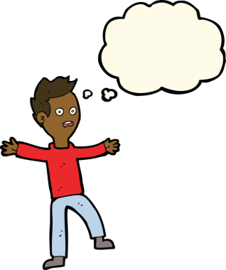 Bir insan tarafından çizilmiş düşünce baloncuğu ile ürkmüş bir çocuk.