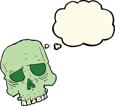 Bir insan tarafından çizilmiş düşünce baloncuklu garip kafatası.