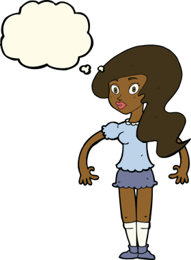 Bir insan tarafından çizilmiş düşünce baloncuğu olan güzel bir kadın.