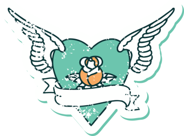 İkonik ıstıraplı dövme stili kanatlı kalp resmi bir insan tarafından çizilmiş bir gül ve bayrak.