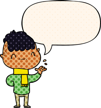 Bir insan tarafından çizilmiş çizgi roman tarzında konuşma balonu olan çizgi film dostu çocuk.