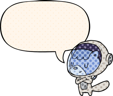 Çizgi roman tarzında konuşma balonu olan kedi astronot hayvanlar bir insan tarafından çizilmiş.