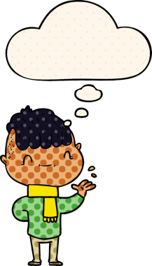 Çizgi roman tarzında bir insan tarafından çizilmiş düşünce balonu olan çizgi film dostu çocuk.