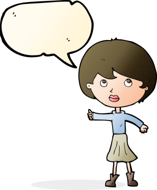 Bir insan tarafından çizilmiş konuşma balonuyla soru soran karikatür kadını.