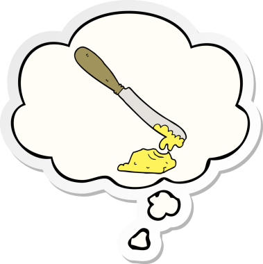 Çizgi film bıçağı tereyağını düşünce baloncuğuyla yayarak insan tarafından çizilmiş bir çıkartma haline getiriyor.