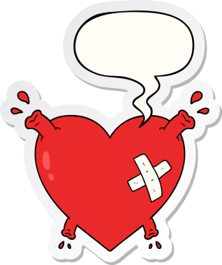 Bir insan tarafından çizilmiş konuşma baloncuğu çıkartmasıyla kan fışkırtan karikatür kalbi.