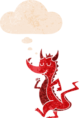 Düşünce baloncuklu çizgi film sevimli ejderha grunge sıkıntılı retro dokuma bir insan tarafından çizilmiş