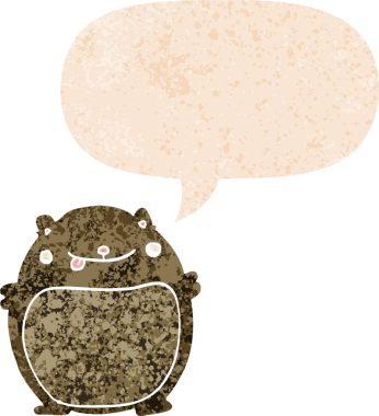 Bir insan tarafından çizilmiş grunge sıkıntılı retro biçimli konuşma balonu ile çizgi film ayısı