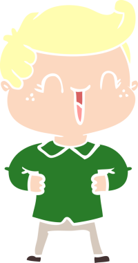 Düz renkli çizgi film karakteri gülen çocuk. Elleri kalçasında bir insan tarafından çizilmiş.