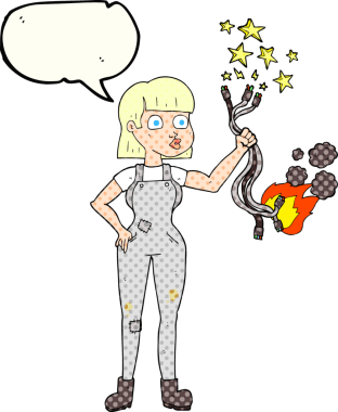 El yazısıyla çizilmiş çizgi roman konuşma balonu karikatürü kadın elektrikçi bir insan tarafından çizilmiş.