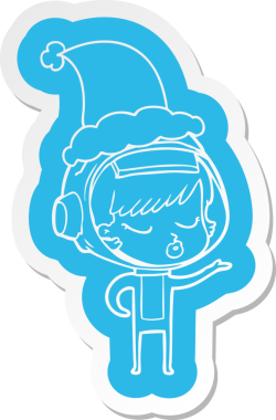 Bir insan tarafından çizilmiş Noel Baba şapkası giyen güzel astronot bir kızın garip çizgi film çıkartması.